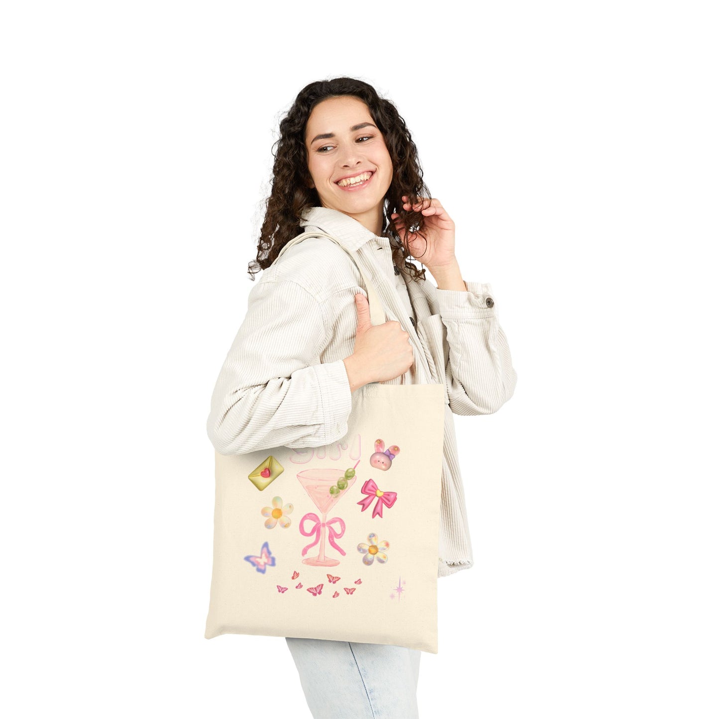 Cotton Canvas Tote Bag - Funny Girly with Flowers and Butterflies