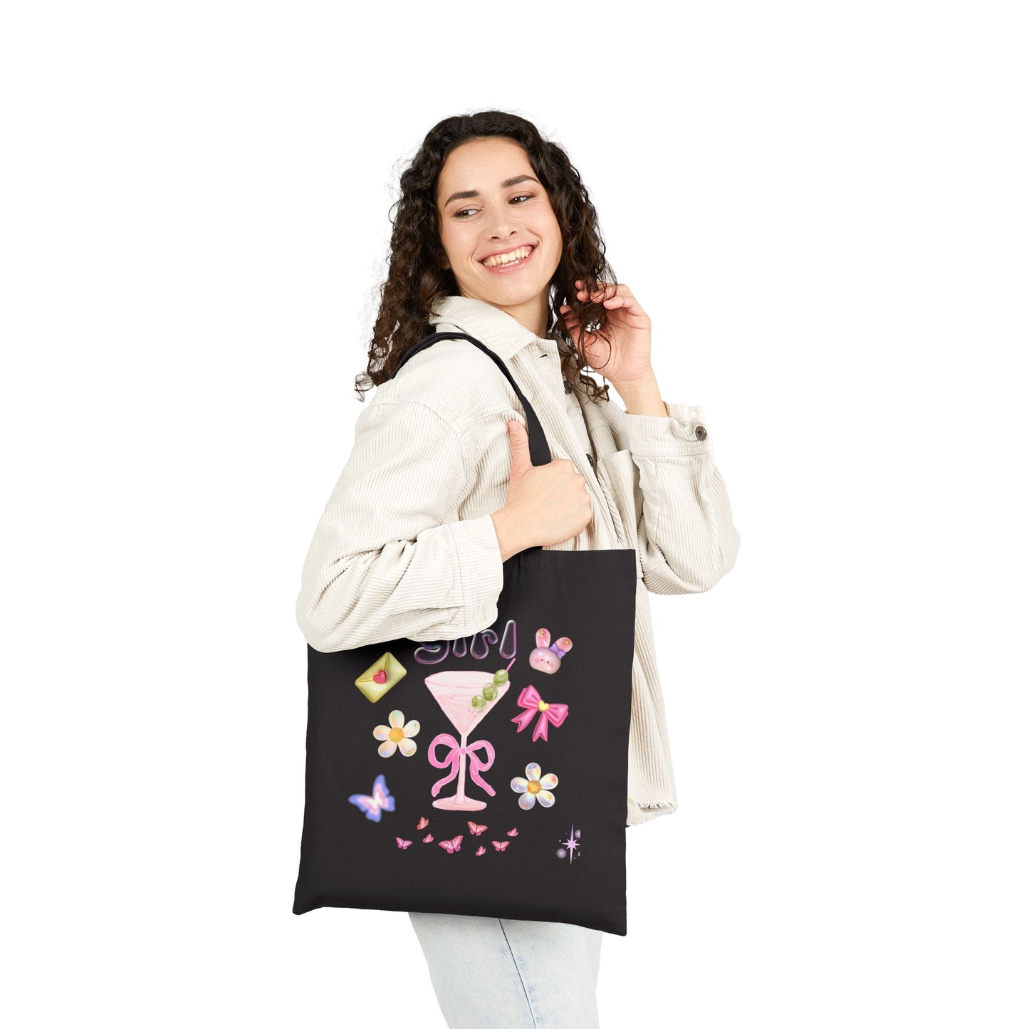Cotton Canvas Tote Bag - Funny Girly with Flowers and Butterflies