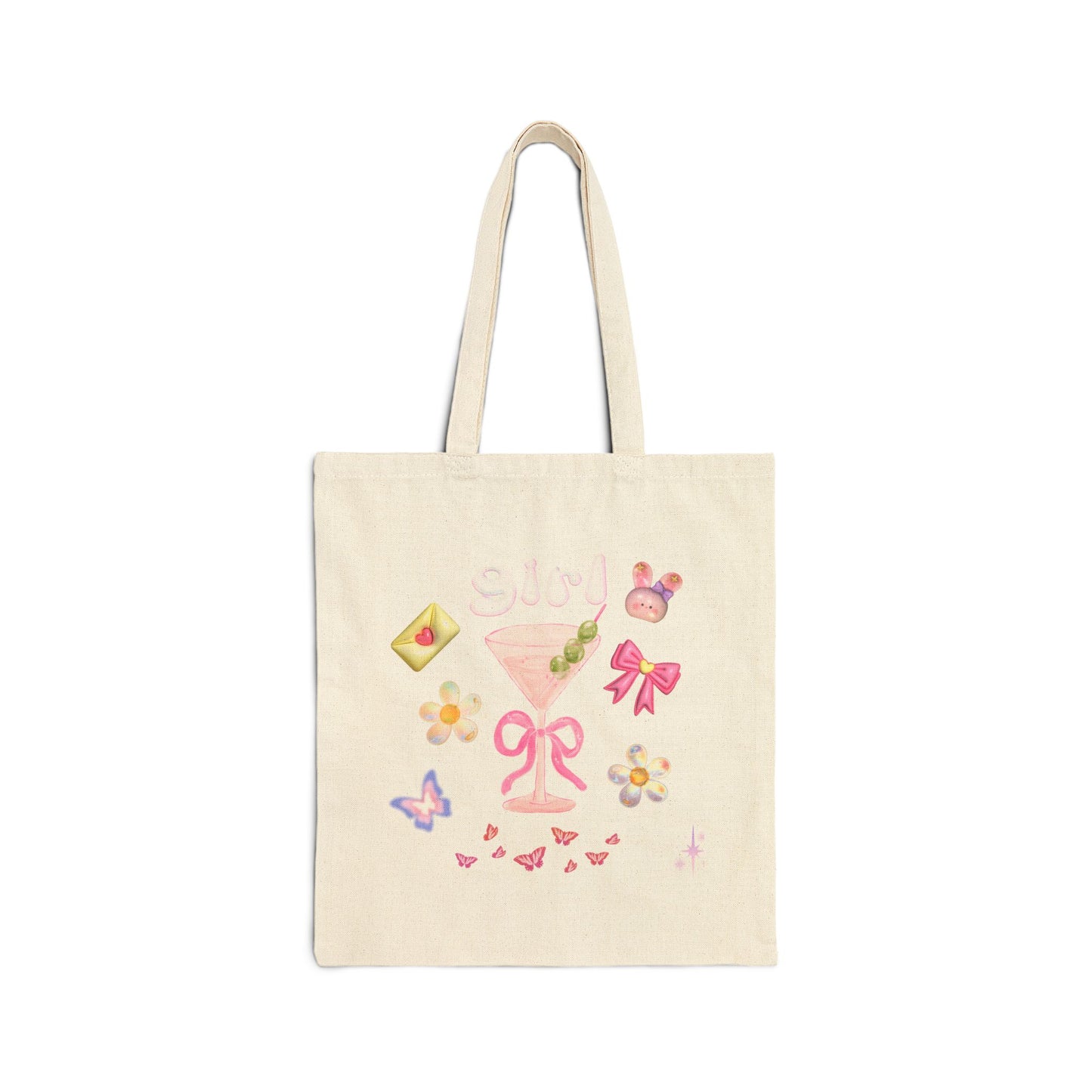 Cotton Canvas Tote Bag - Funny Girly with Flowers and Butterflies