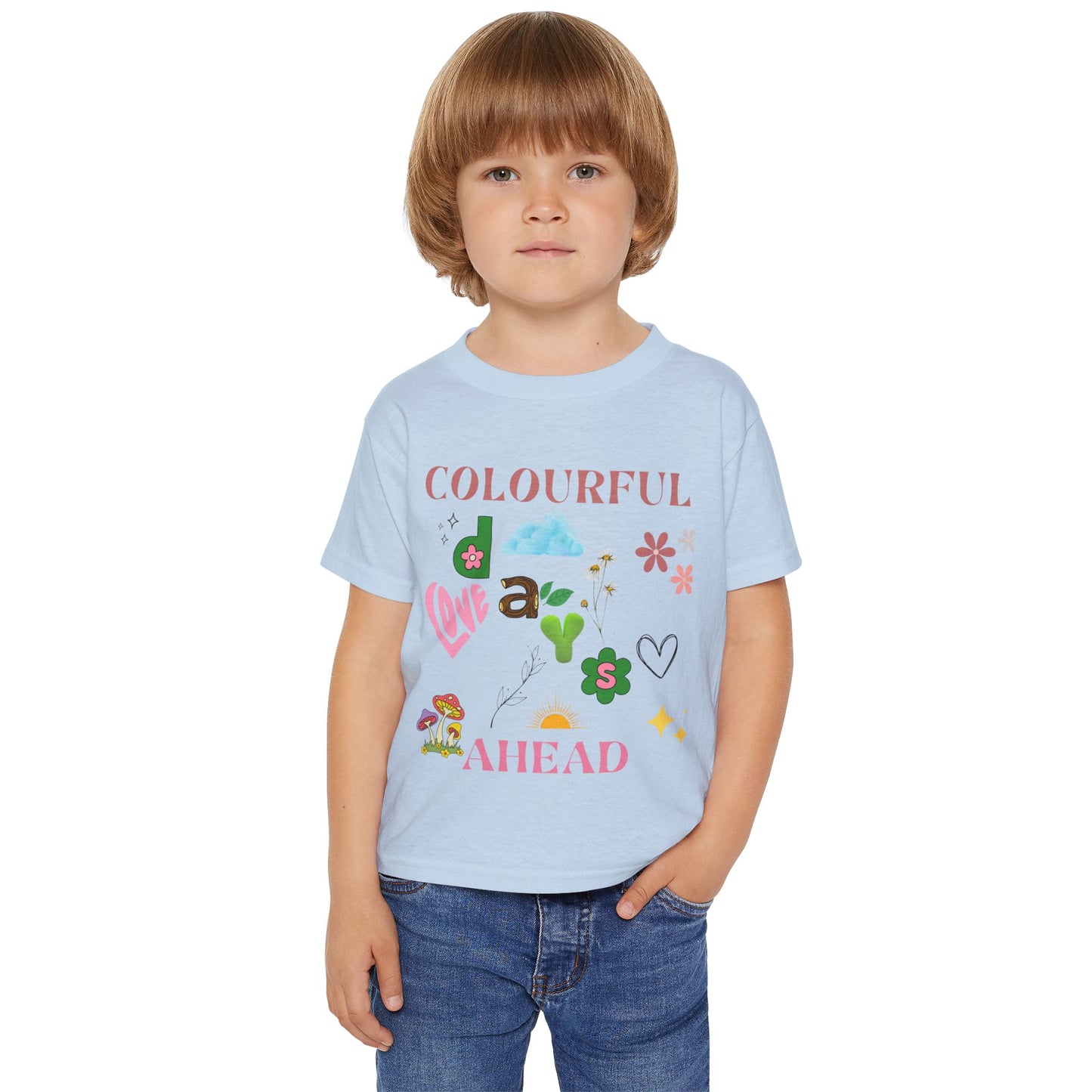 Toddler T-shirt, Playful Bright Sun Heart Mushroom Grass Stick, Colorful Kids Tee, Fun Baby Shirt, Happy Child Clothing, Cute Preschool Top