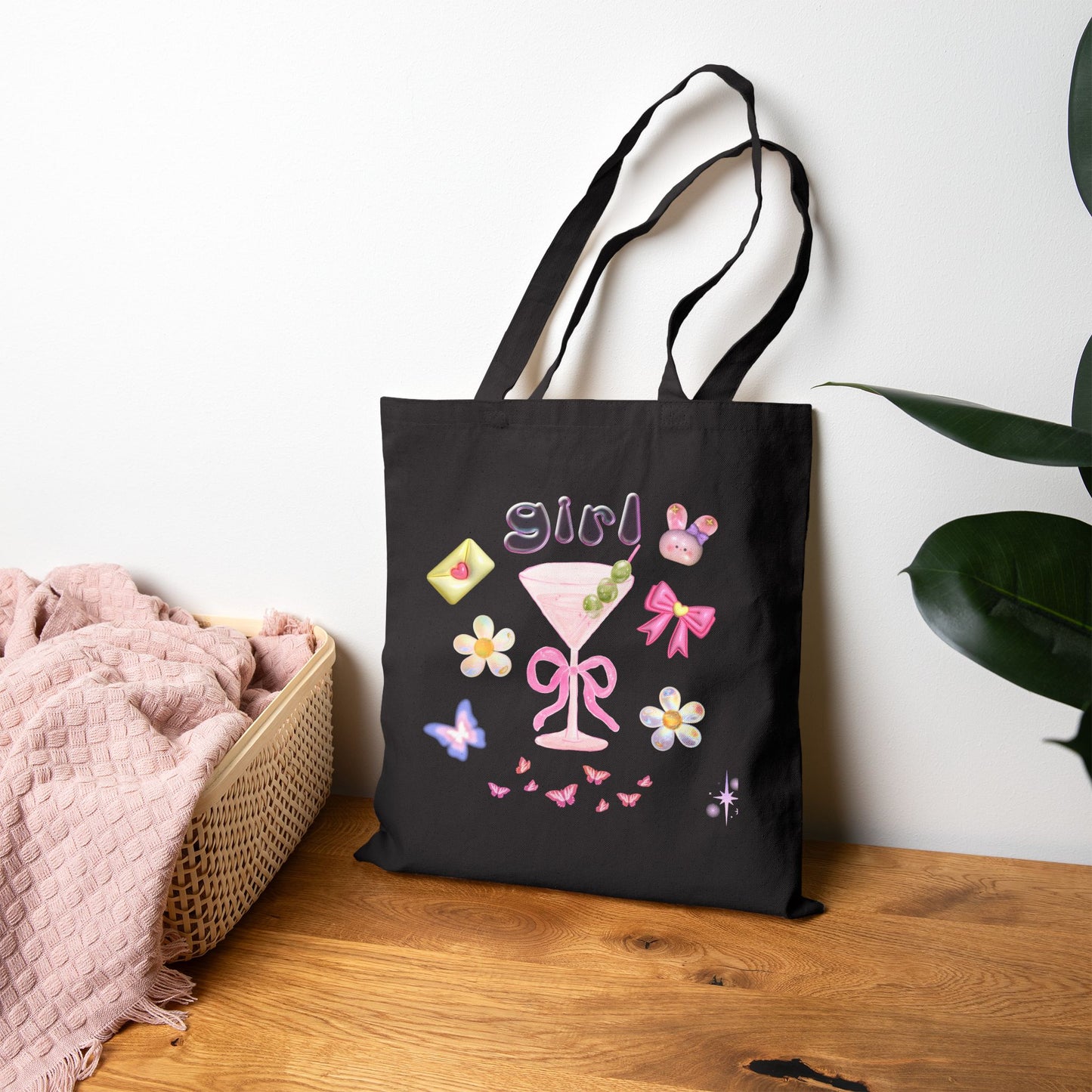 Cotton Canvas Tote Bag - Funny Girly with Flowers and Butterflies