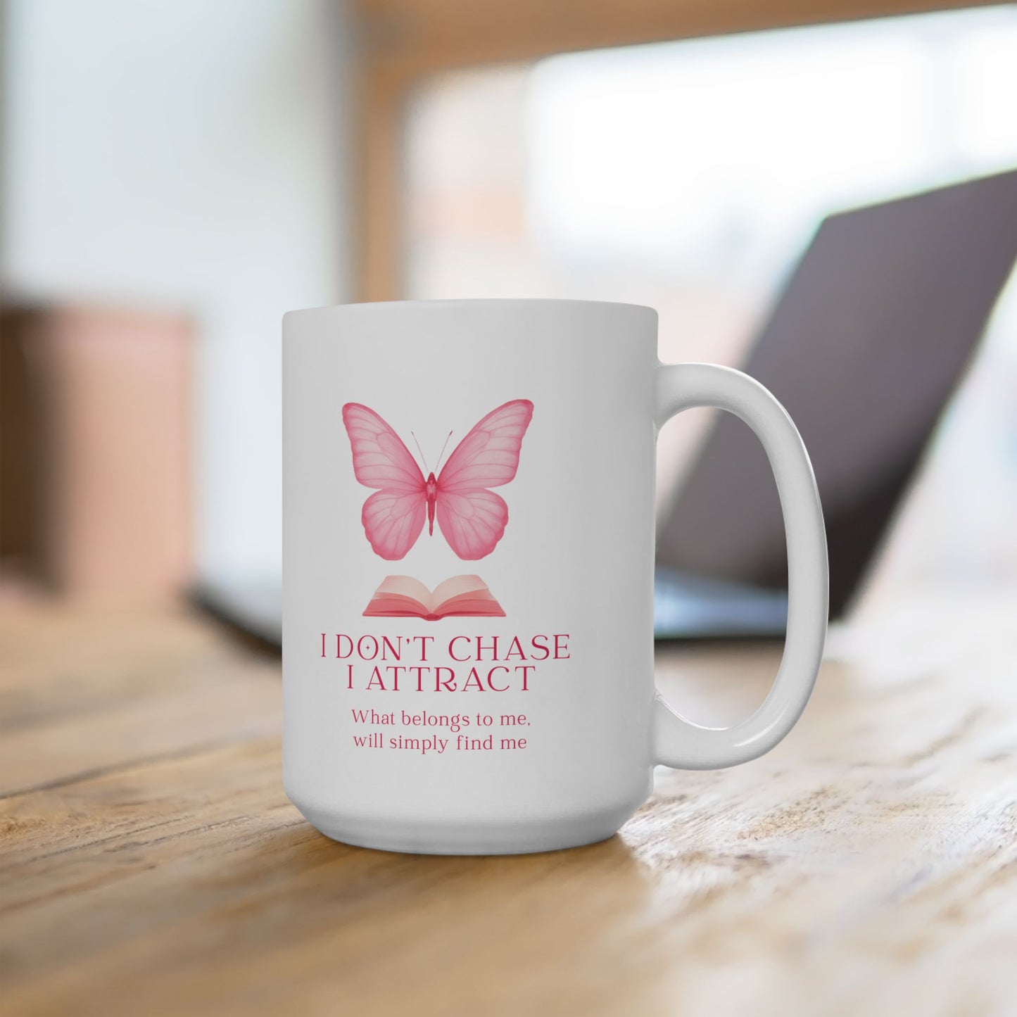 Butterfly & Book Ceramic Mug — "I Don't Chase, I Attract" Inspirational Quote