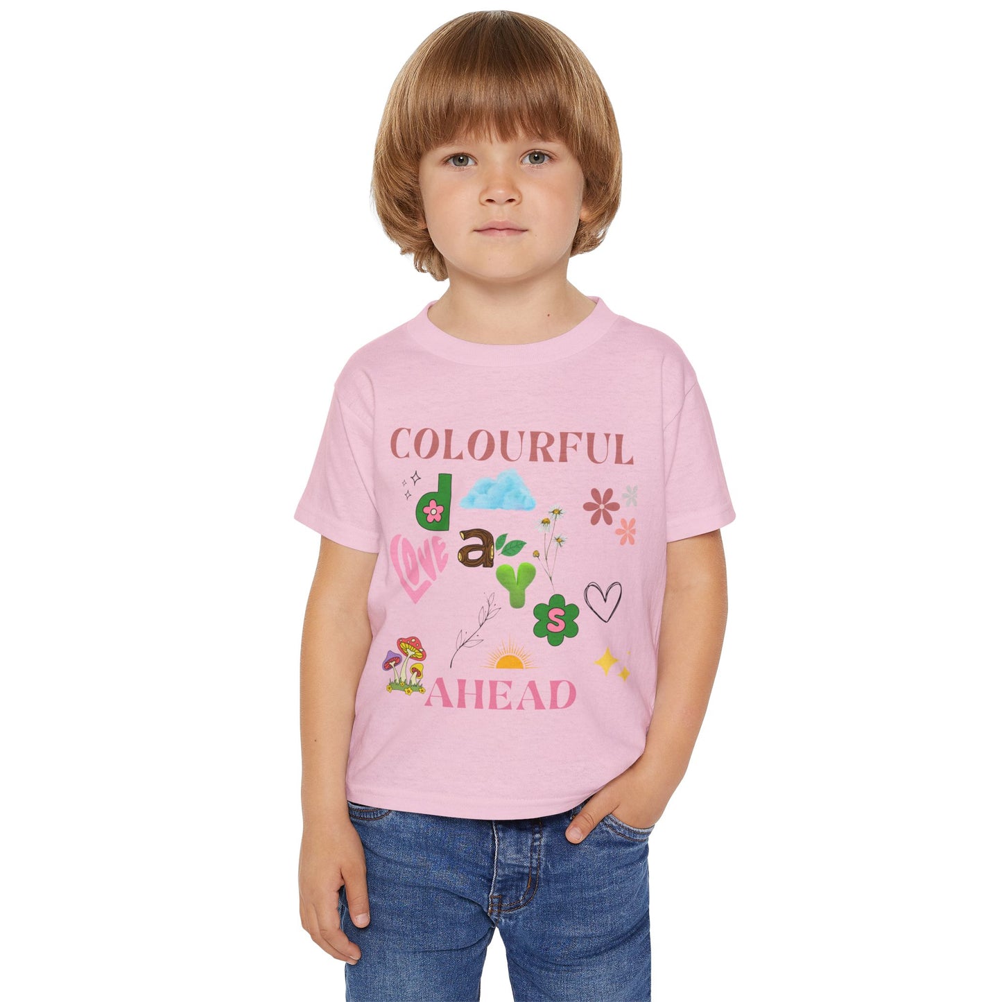 Toddler T-shirt, Playful Bright Sun Heart Mushroom Grass Stick, Colorful Kids Tee, Fun Baby Shirt, Happy Child Clothing, Cute Preschool Top