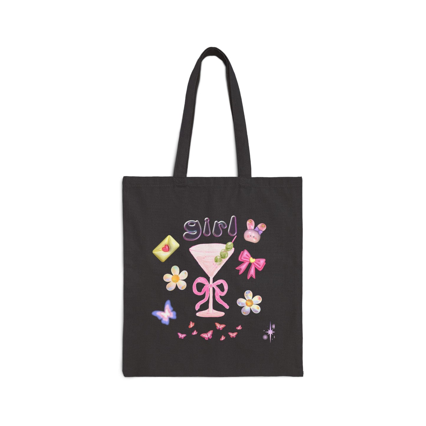 Cotton Canvas Tote Bag - Funny Girly with Flowers and Butterflies