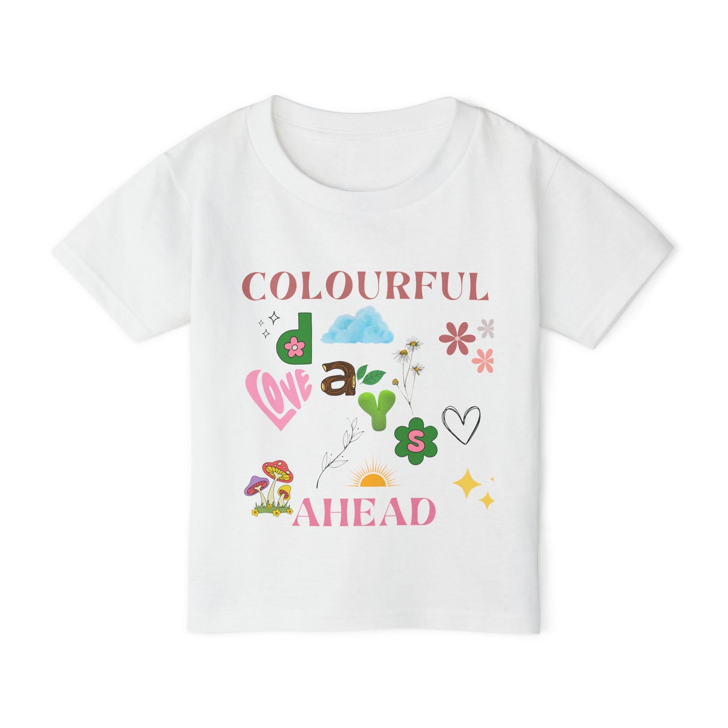 Toddler T-shirt, Playful Bright Sun Heart Mushroom Grass Stick, Colorful Kids Tee, Fun Baby Shirt, Happy Child Clothing, Cute Preschool Top
