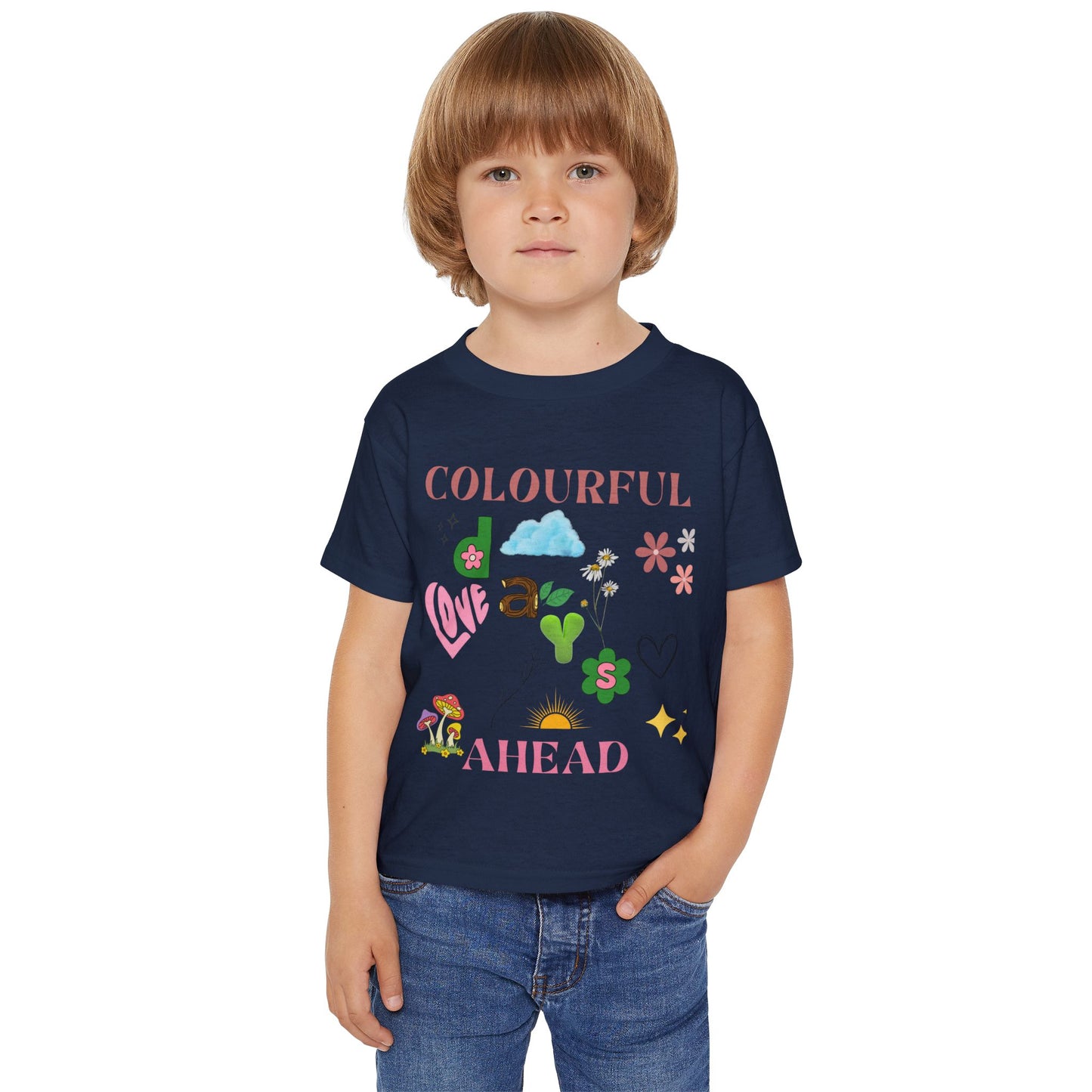 Toddler T-shirt, Playful Bright Sun Heart Mushroom Grass Stick, Colorful Kids Tee, Fun Baby Shirt, Happy Child Clothing, Cute Preschool Top