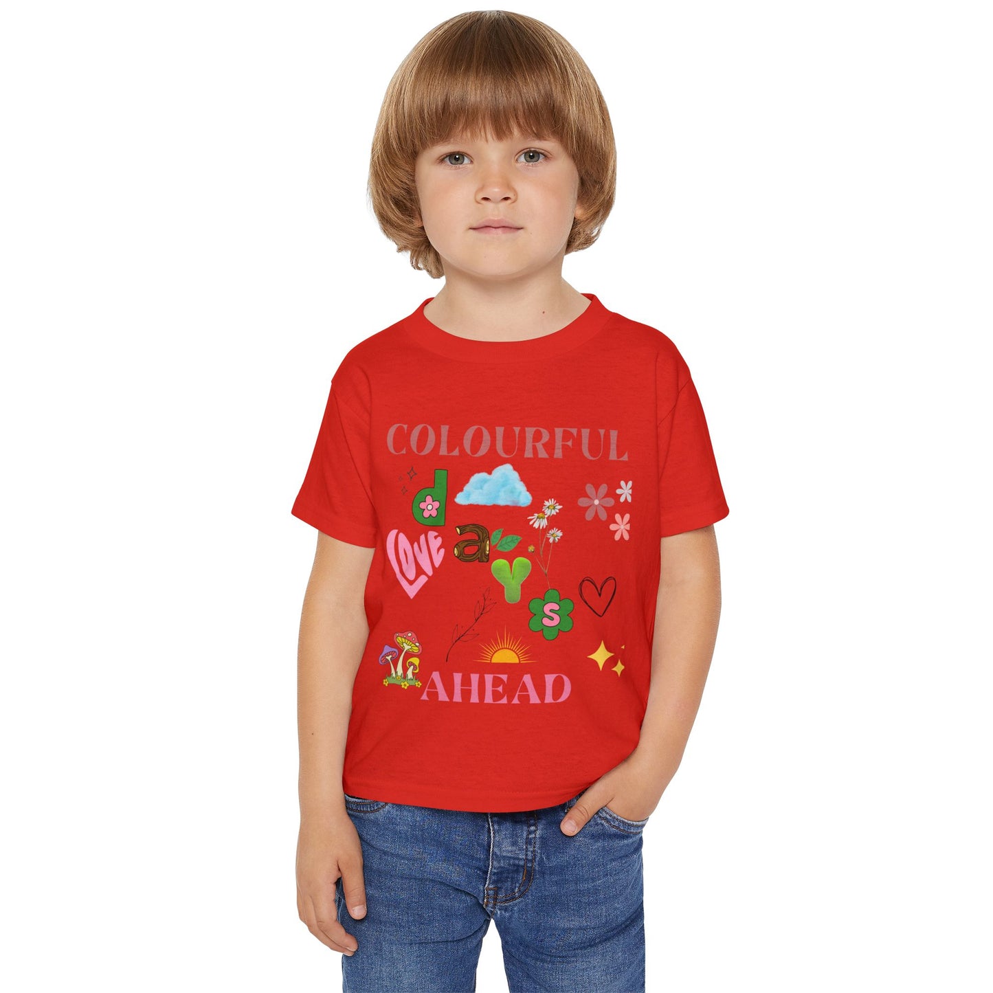 Toddler T-shirt, Playful Bright Sun Heart Mushroom Grass Stick, Colorful Kids Tee, Fun Baby Shirt, Happy Child Clothing, Cute Preschool Top
