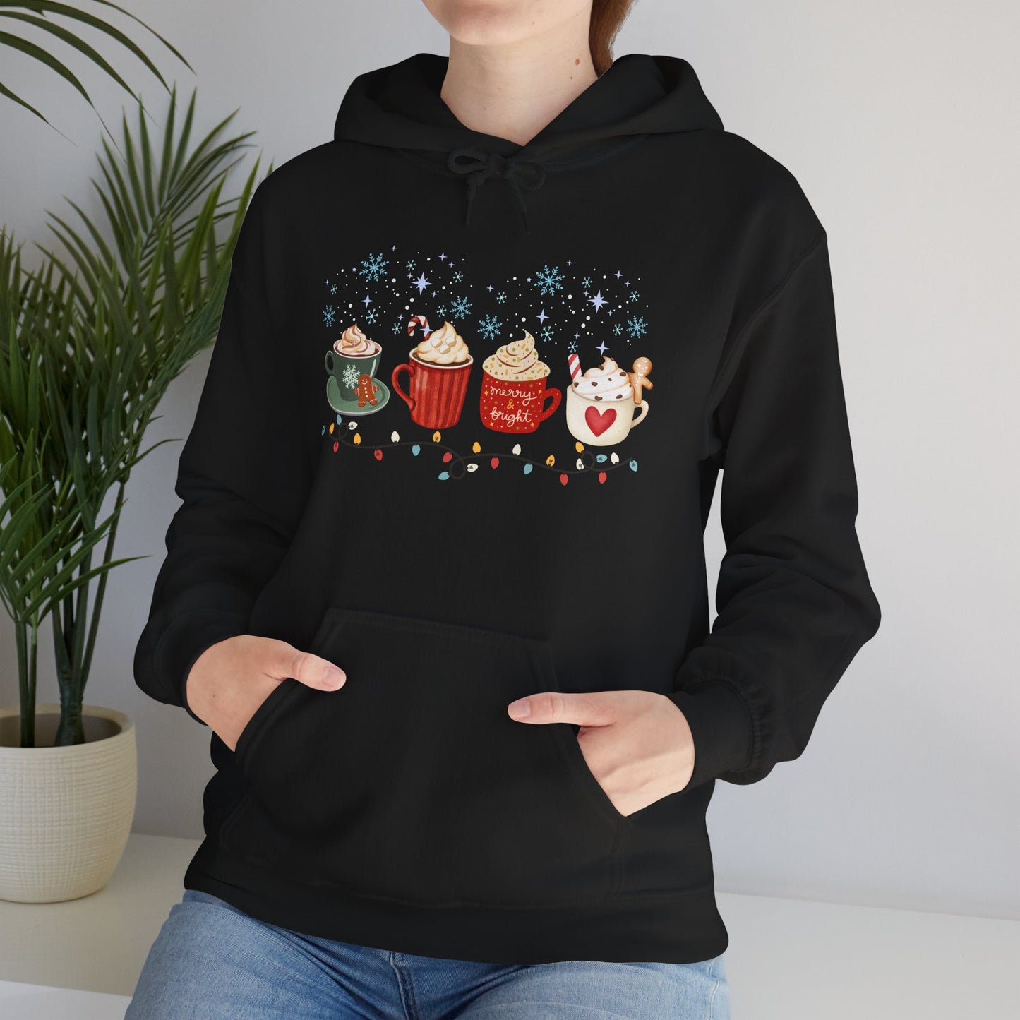Christmas Snow Lights Hoodie, Festive Winter Holiday Sweatshirt, Xmas Mug Design, Cute Unisex Pullover, Cozy Christmas Jumper, Snowflake