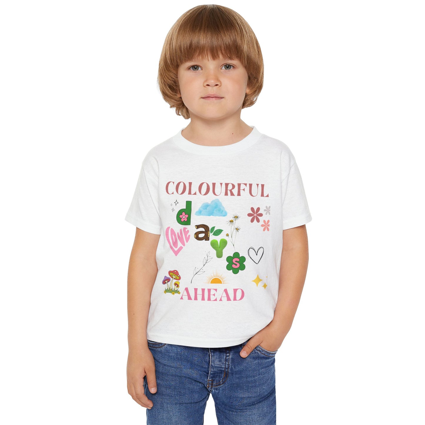 Toddler T-shirt, Playful Bright Sun Heart Mushroom Grass Stick, Colorful Kids Tee, Fun Baby Shirt, Happy Child Clothing, Cute Preschool Top