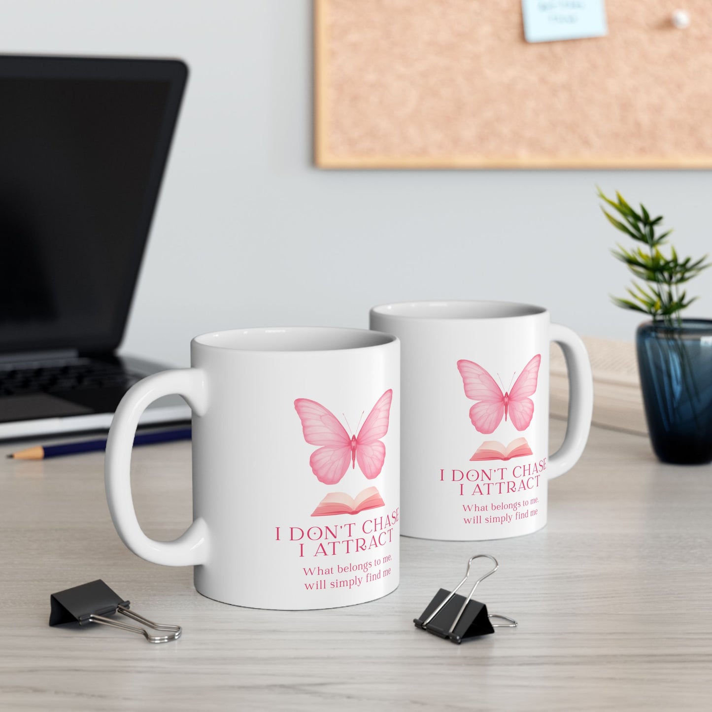 Butterfly & Book Ceramic Mug — "I Don't Chase, I Attract" Inspirational Quote