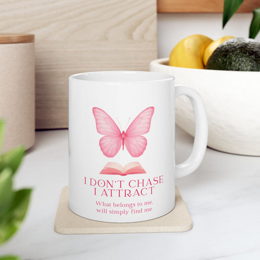 Butterfly & Book Ceramic Mug — "I Don't Chase, I Attract" Inspirational Quote