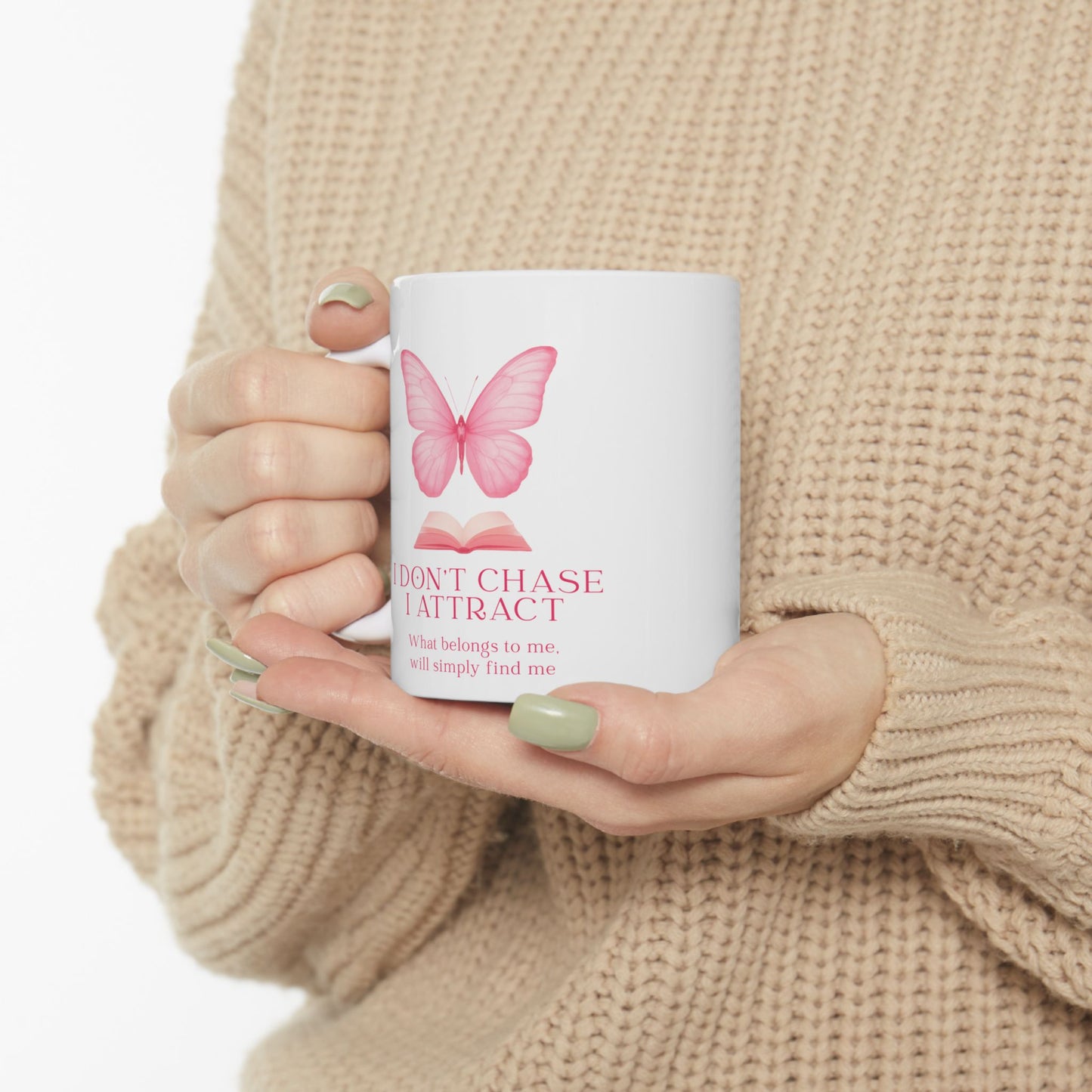 Butterfly & Book Ceramic Mug — "I Don't Chase, I Attract" Inspirational Quote