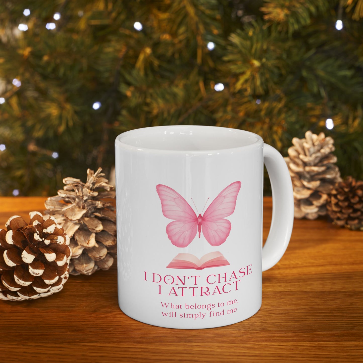 Butterfly & Book Ceramic Mug — "I Don't Chase, I Attract" Inspirational Quote