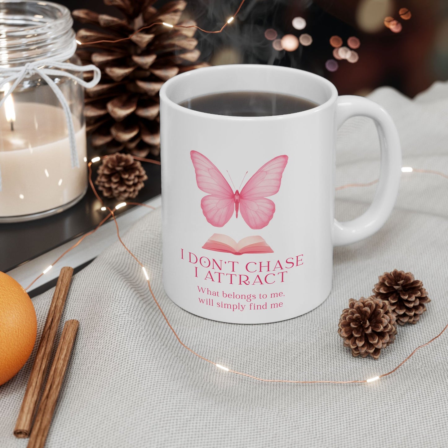 Butterfly & Book Ceramic Mug — "I Don't Chase, I Attract" Inspirational Quote