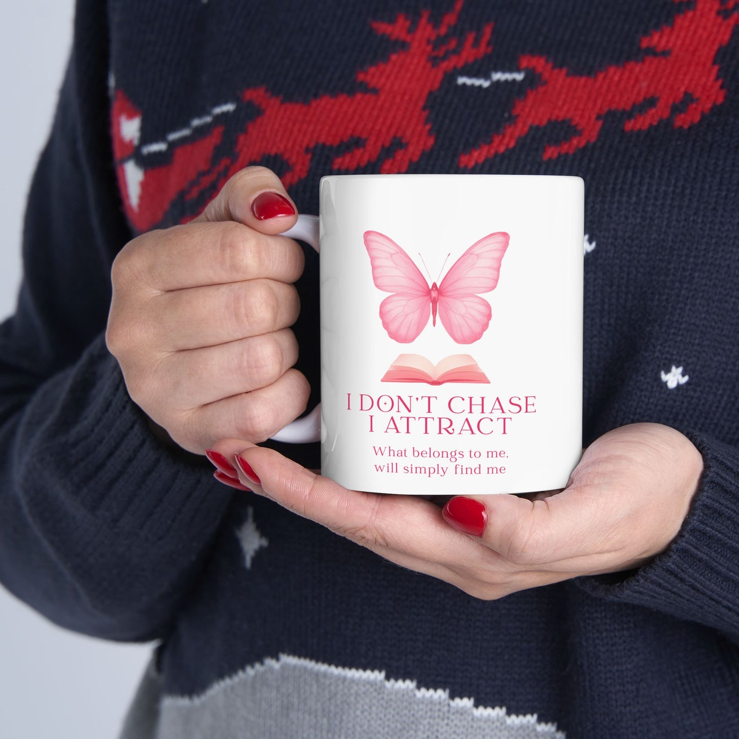 Butterfly & Book Ceramic Mug — "I Don't Chase, I Attract" Inspirational Quote