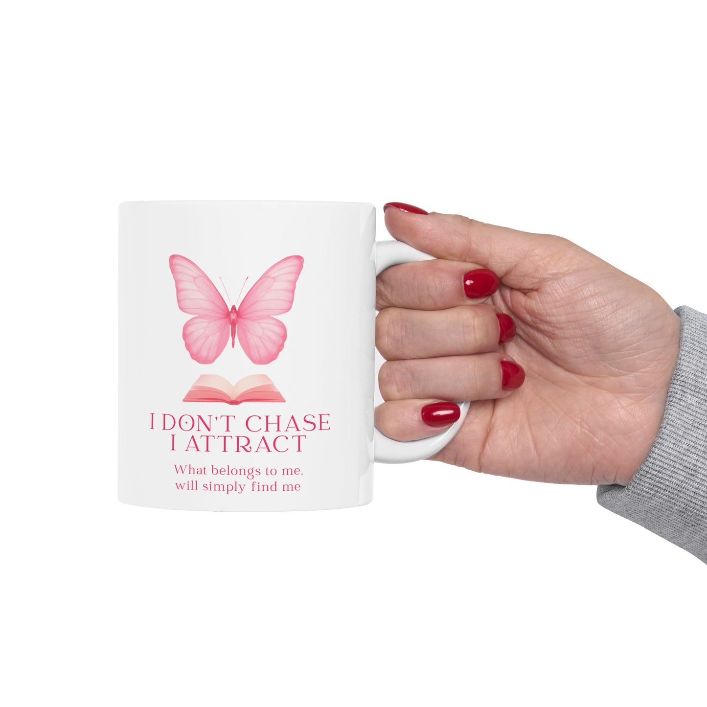 Butterfly & Book Ceramic Mug — "I Don't Chase, I Attract" Inspirational Quote